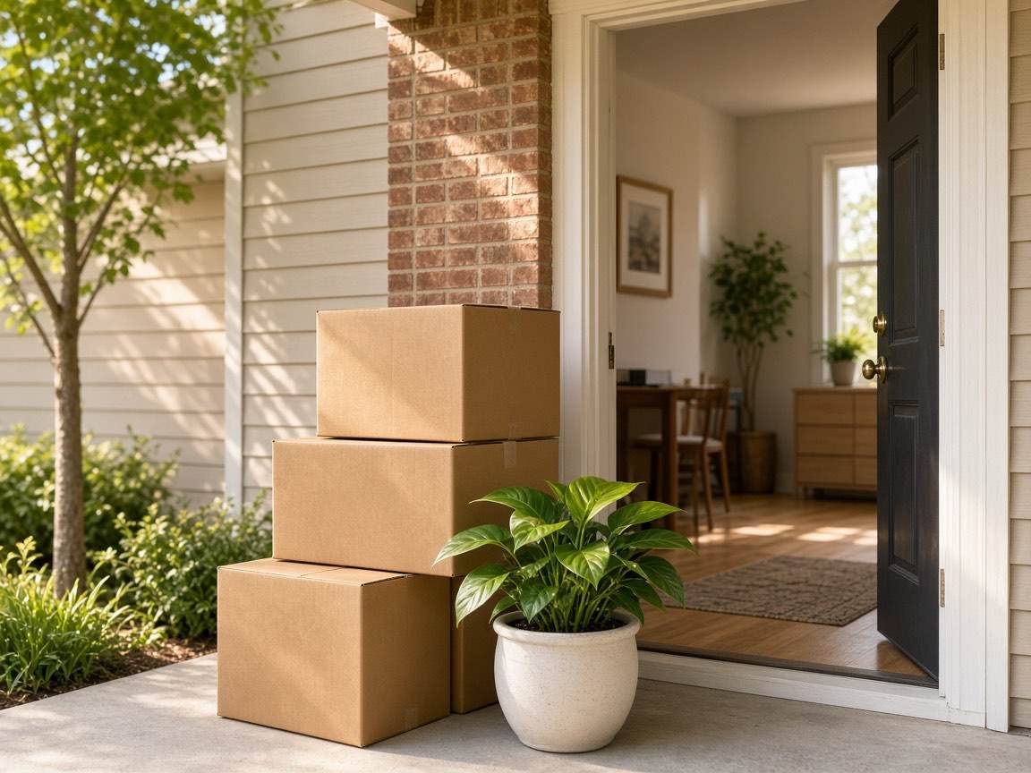 Moving boxes and a houseplant beside an open front door